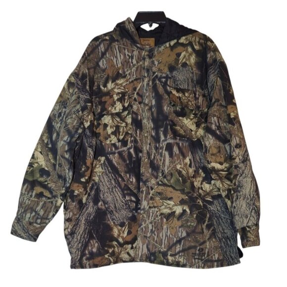 VTG Duxback Camo Jacket Mens L Streetwear Buttons Pockets Hood Hunting Gorpcore - Picture 1 of 11